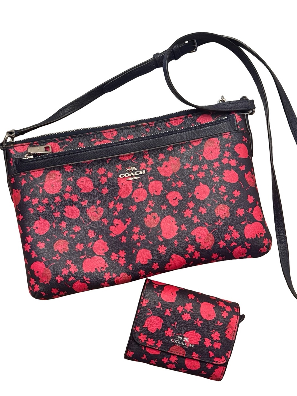 Coach Black & Red Floral Crossbody and Wallet Set